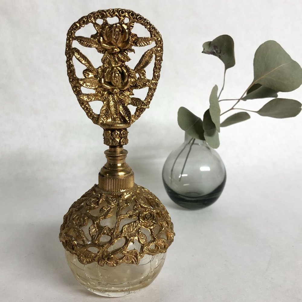 Vintage Matson 6" ROSE Floral Gilt Ormolu and Glass Perfume Bottle with Dauber